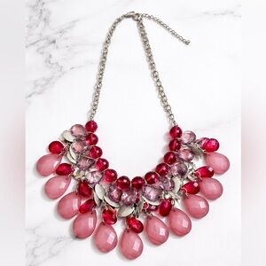 Boho Statement Necklace Pink & Raspberry Faceted Teardrop Beads Silver Leaves